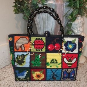 Vintage 1960-70's Handmade Top Handle Needlepoint Bug Flowers & Animals Tote